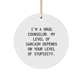 Funny Sarcasm Drug Counselor Gifts from Friends for Christmas - Circle Ornament, Quote: 'I'm A Drug Counselor. My Level Of Sarcasm Depends On Your Level Of Stupidity.' - Image 1